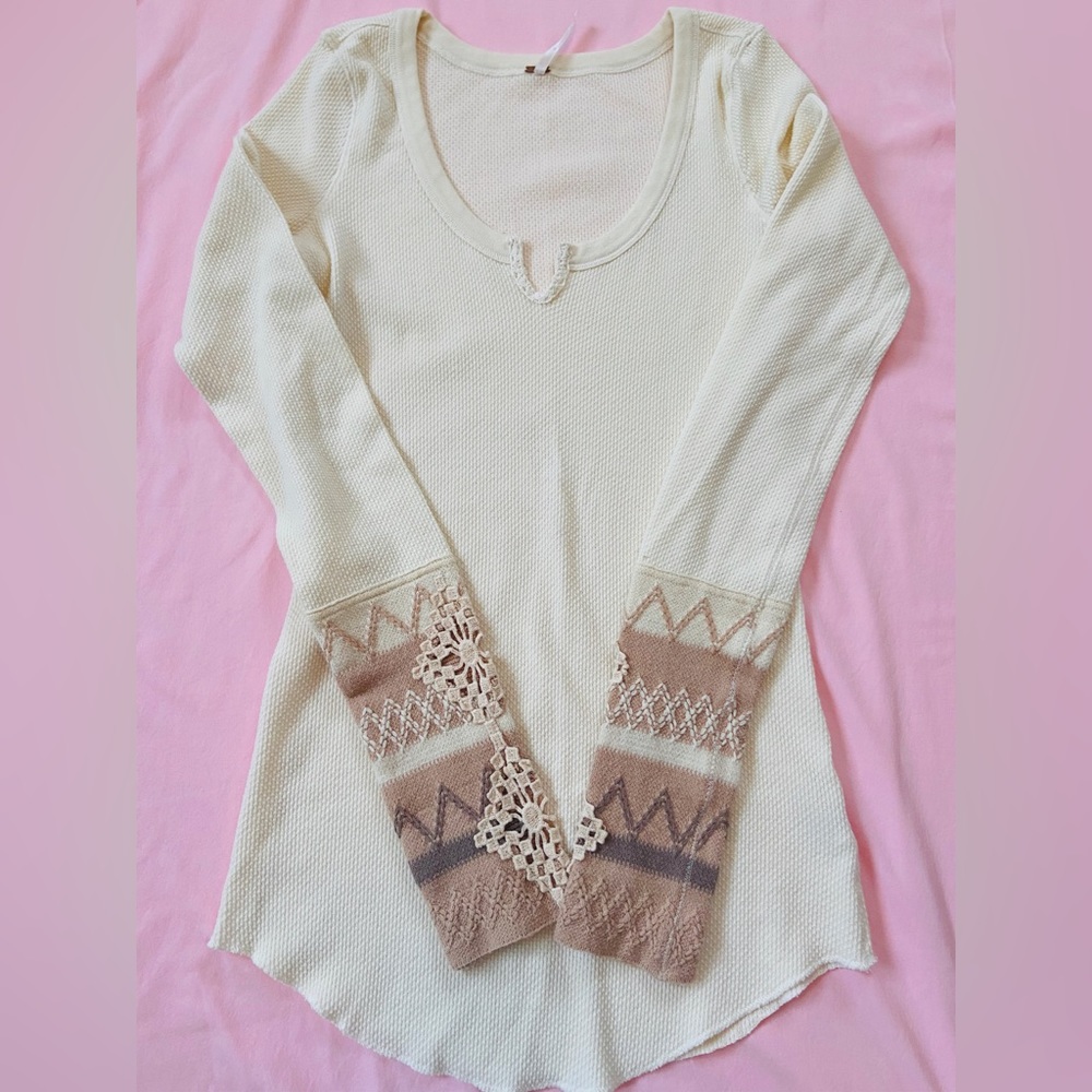 Free People Long Sleeve Waffle Top with Lace Trim Sleeve